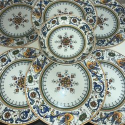 Bonvida BVX 3 Antique Portuguese Porcelain 7 Piece Set, 6 Dinner Plates 1 Soup Bowl