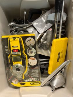 Bin of various tools including vintage Craftsman