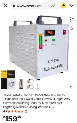 VEVOR Water Chiller CW-3000 Industrial Chiller 9L Thermolysis Type Water Chiller 50W/℃, 3.17gpm 0.9A Current Recirculating Chiller for 60W 80W Laser E