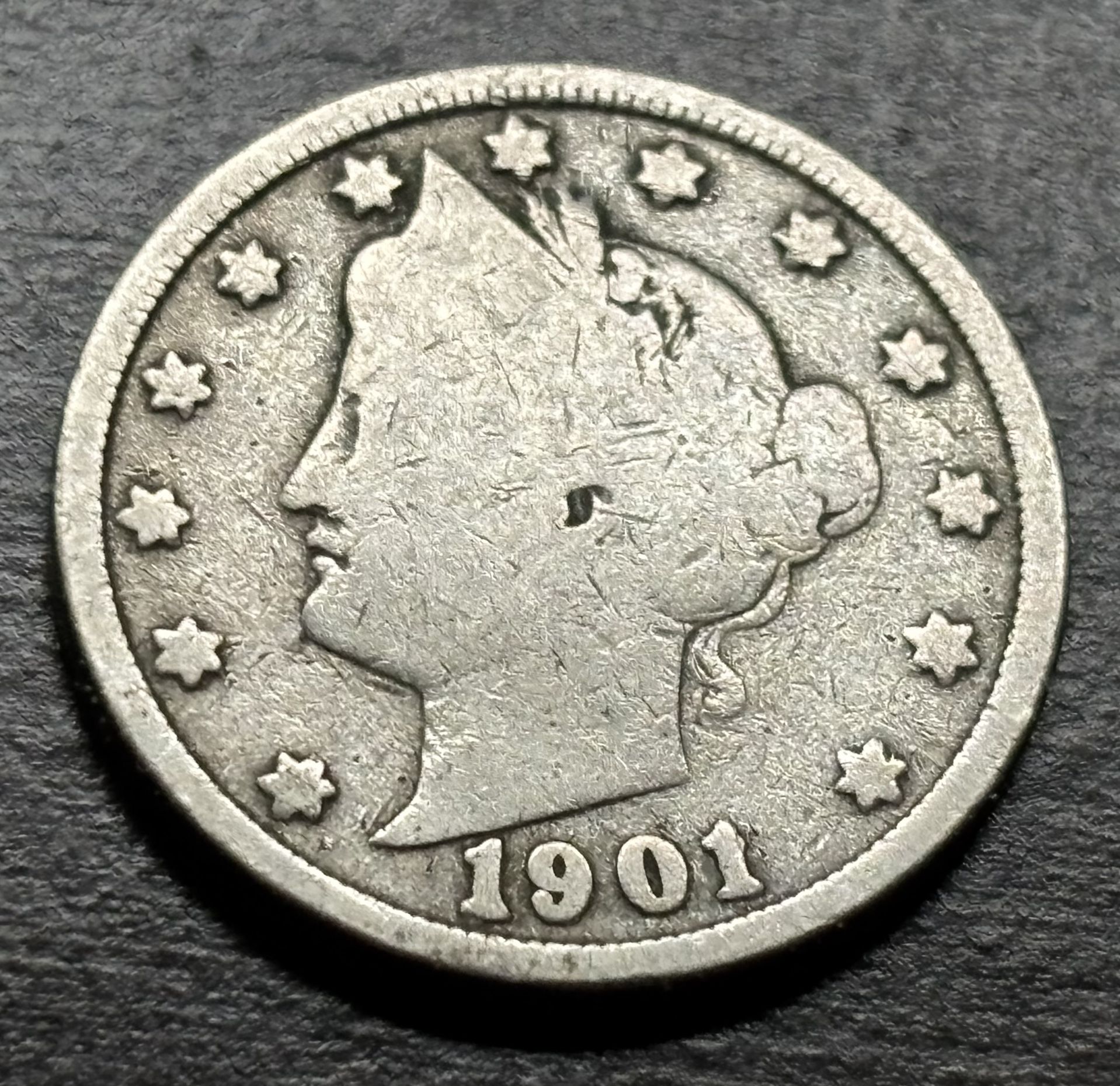 5 cents 1901 coin USA. Antique, collectible