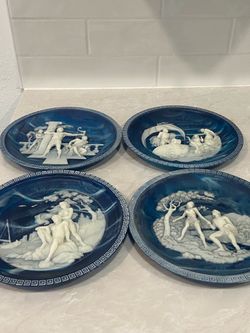 Incolay Set of 4 Blue Decorative Plates with Classical Relief Figures