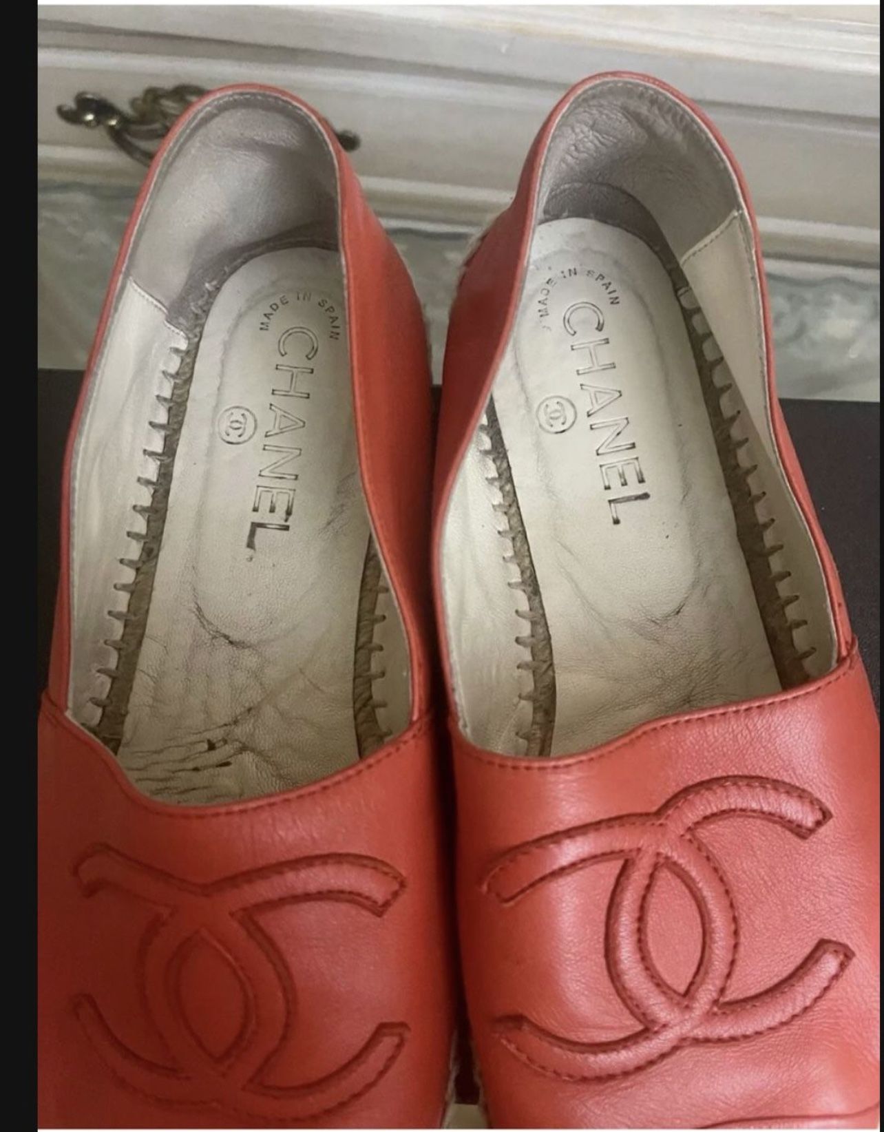 Auth. CHANEL RED Espadrilles Leather Shoes Sandals Spain 38 7.5 8 Serial # RARE