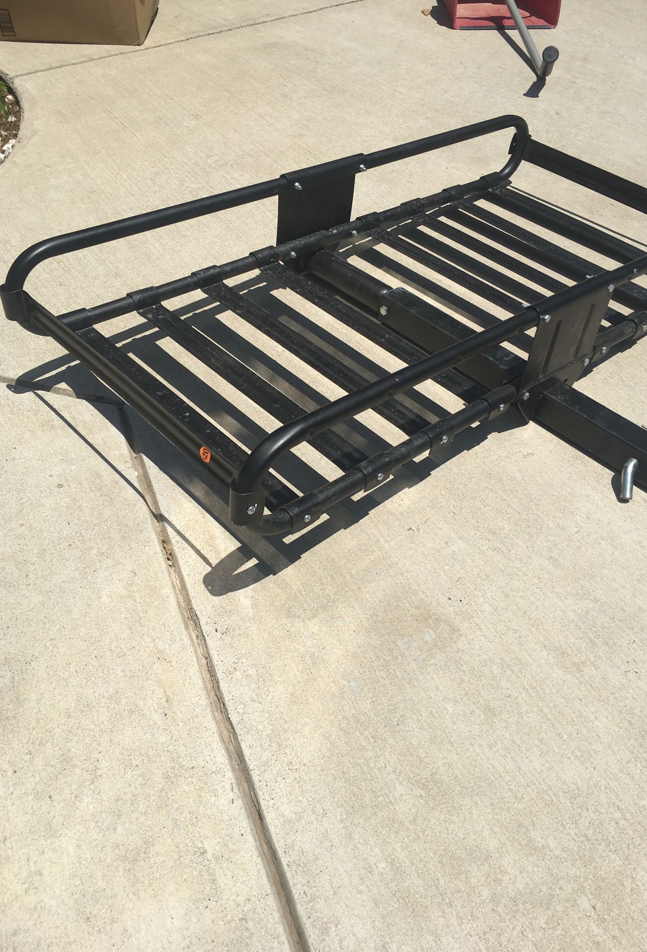 Luggage rack - attaches to standard hitch; 47” Long, 23” deep; sturdy black cast iron;