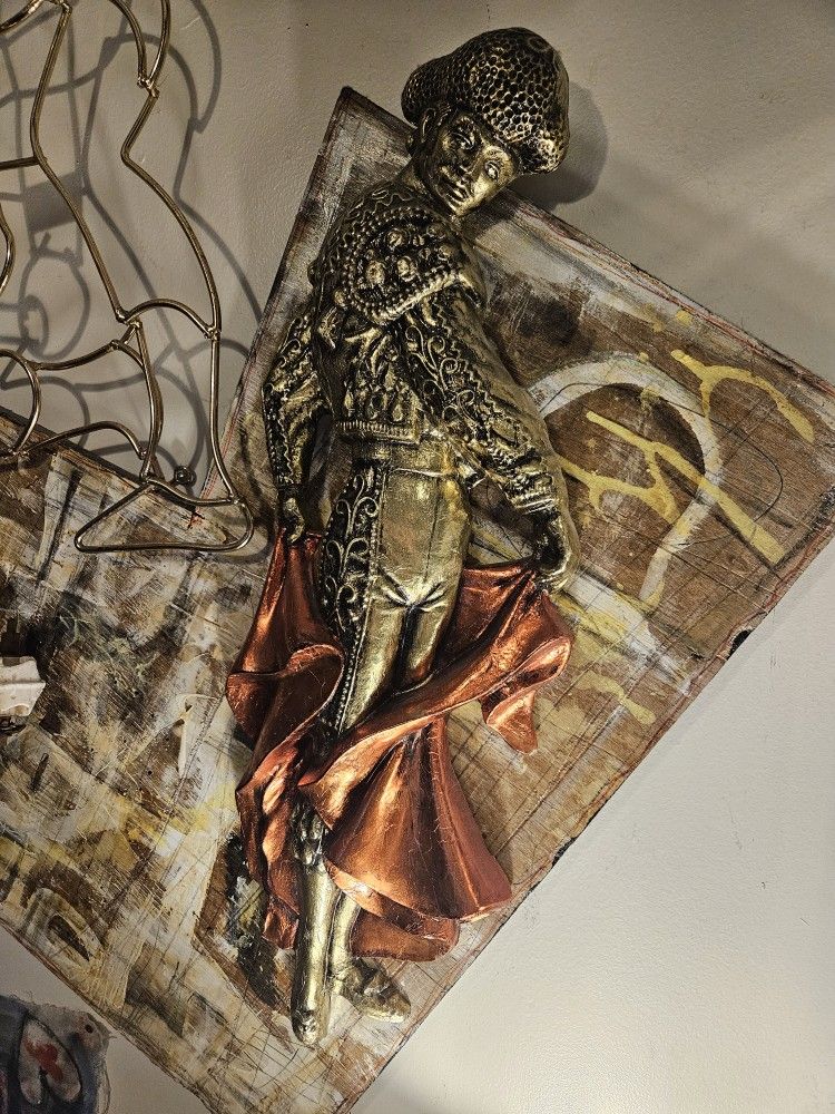 Vintage Midcentury Chalk MADATOR Bullfighter 2.5 feet Tall Wall Hanging art