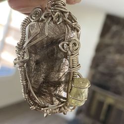 Rutilated Quartz & Appatite Crystal Pendant. Silver Wire
