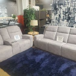 Gray Soft Fabric Power Sofa And Loveseat (New)