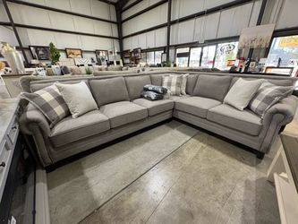 Large Gray Fabric Sectional Sofa with Nailhead Trim