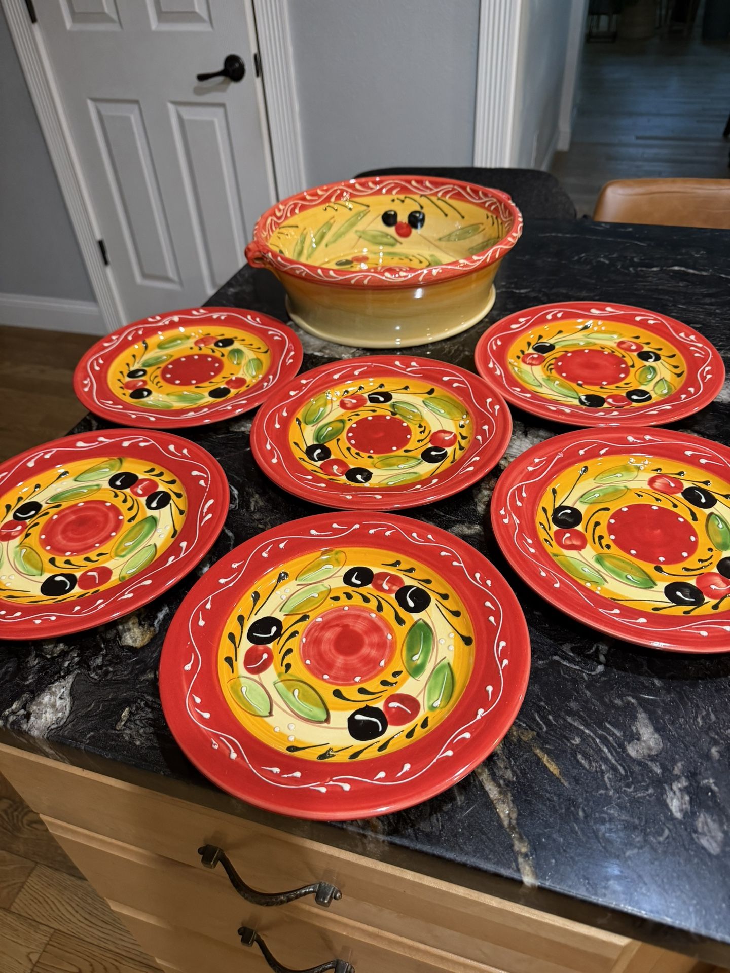 Pier 1 Olive Large Round Serving Bowl 12"W x 3.5"D And 6 Salad Plates