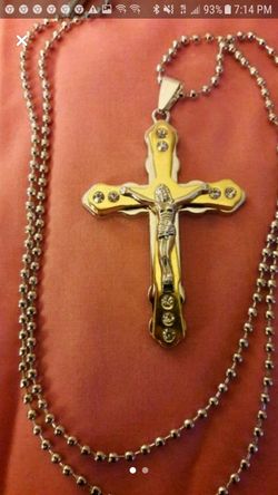 GOLD & SILVER CROSS NECKLACE W/AUSTRIAN CRYSTALS