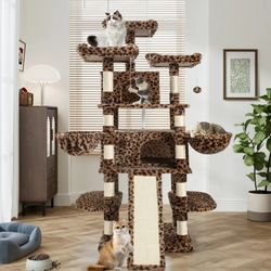 68" X-Large Cat Tree and Tower for Indoor Cats, Condo House with Scratching Board & Thick Posts, Leopard Print