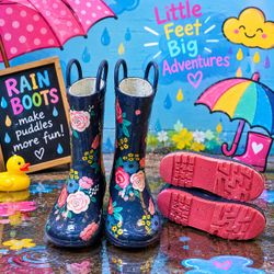 Kids Floral Rain Boots Navy Blue