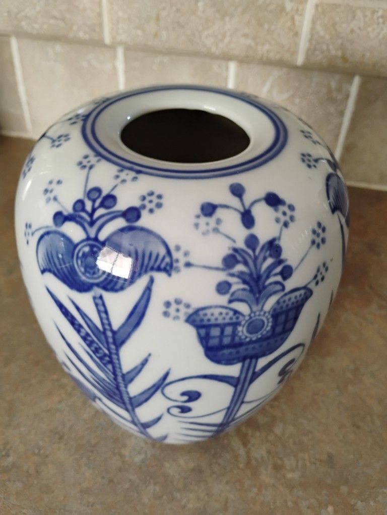 Vintage Asian Blue and White Ceramic or Porcelain Vase Pot