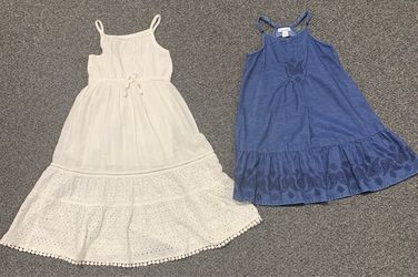 Two girls size 4/5 sun dresses - Cat & Jack ivory eyelet maxi and Old Navy floral and butterfly denim