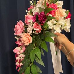 New Bride Cascading Bouquet, Pink Silk Florals, 14" X 19" Long