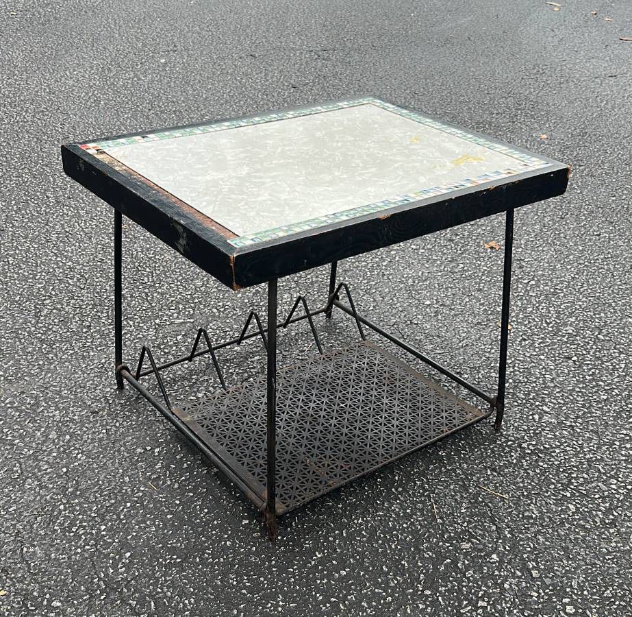 Antique MCM Mid Century Modern Mosaic Top Iron Record Player Stand Side Accent Table