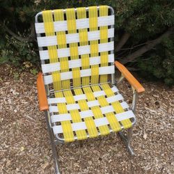 Vintage Aluminum Folding Woven Web Lawn Rocking Chair Yellow White