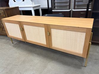 Modern Light Wood Sideboard with Rattan Door Fronts and Gold Tone Accents