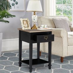 Black Nightstand, End Table with Drawer and Storage Shelf, Wooden Side Table, Bedside Table for Bedroom, Living Room, Sofa, Hallway, Easy Assembly, Bl