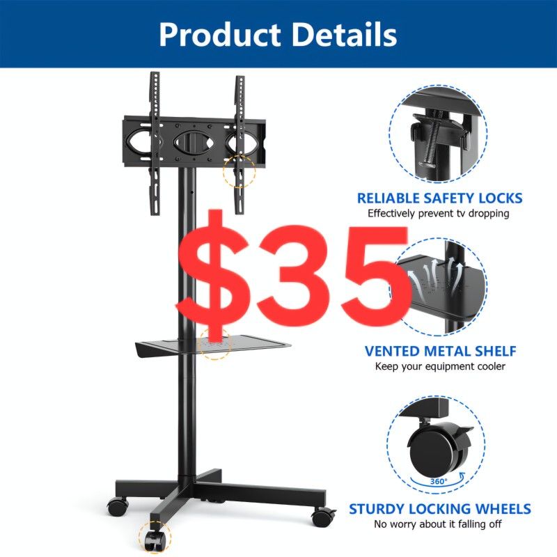 TV Stand with 3 Shelves 32"-65" Flat Curved TVs Swivel TV Trolley on Wheels Rolling with Cable Management