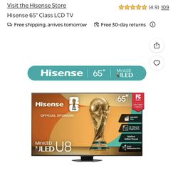 Hisense 65" Class U8 Series Mini-LED ULED 4K UHD Google Smart TV (65U8QG, 2025 Model) - QLED, Native 165Hz, Game Mode Ultra 288 VRR, Dolby Vision IQ, 