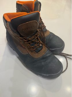 Threat Men's Brown and Black Work Boots with Orange Lining, size 10.5