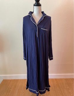 SUNNYME Button Up Embroidery Contrast Piping Satin Blue Nightgown Dress