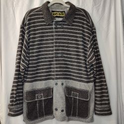 VTG 90s Mod-O-Doc Striped Cargo Coat Jacket Wool-like Fleece Lined Grey Size Big