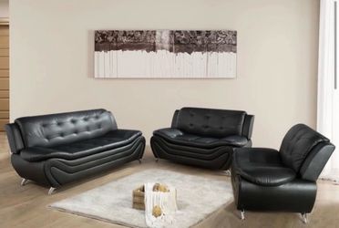 Modern style black leather three piece couch set