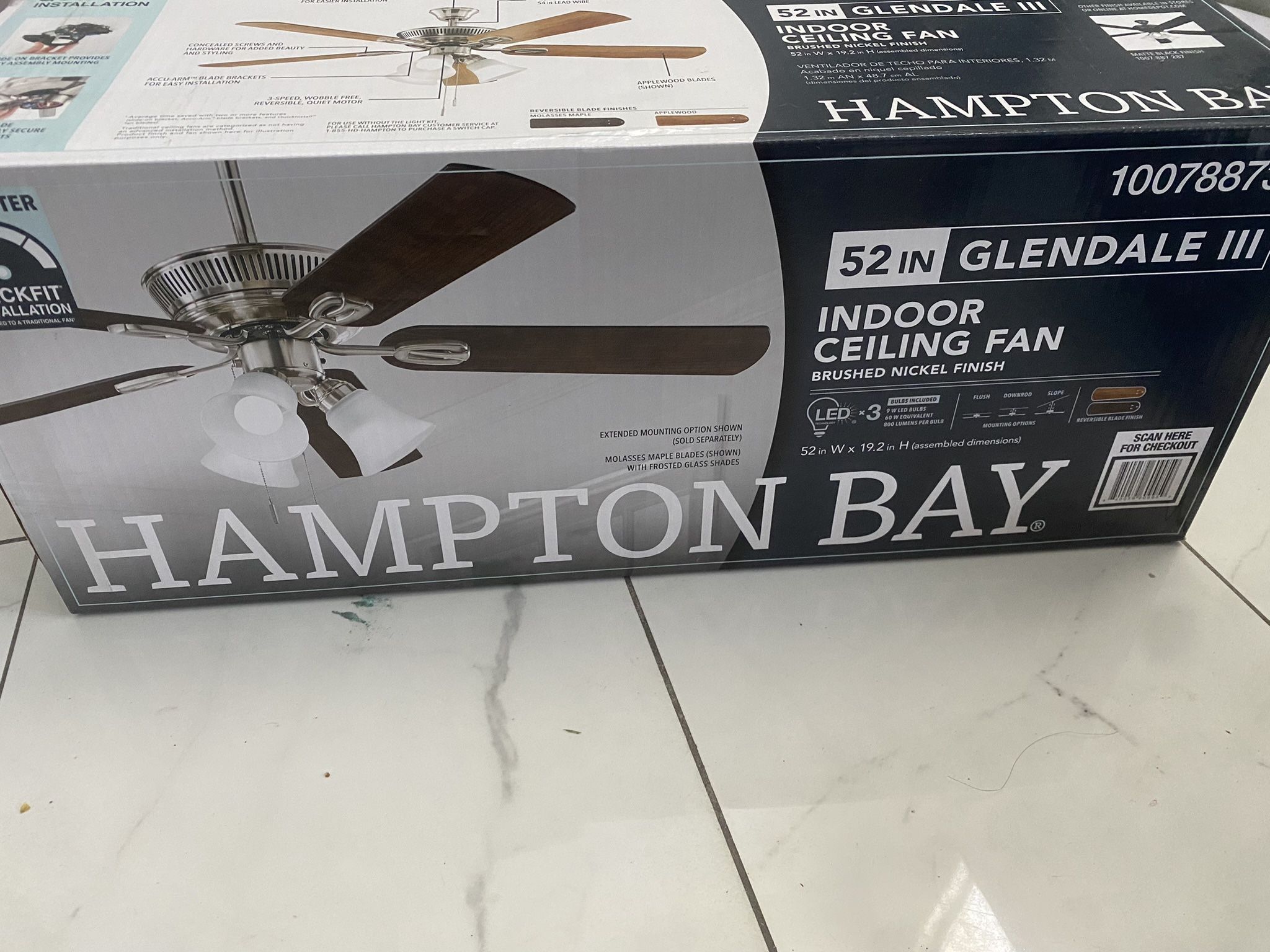 Hampton Bay Glendale III LED Indoor Ceiling Fan Brushed Nickel 52" AK338-BN