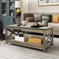 NEW (Washed oak ) Farmhouse Modern Wood Coffee Table with 2-Tier Shelf Storage, Accent Furniture for