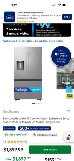 Samsung refrigerator RF70F27SER Bespoke AI Counter-Depth Sphere Ice 26-cu ft 36-in Wide with Dual Ice Maker