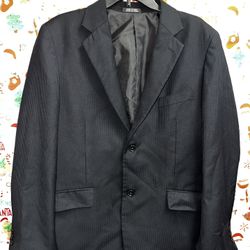 men's black pinstripe blazer. The tag indicates it is a size medium (M)