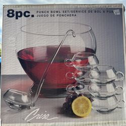 Punch Bowl With Spoon And 6 Glasses 