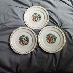 Harker Pottery 22 kt. Gold Rim Salad Dessert Plates 3 Plates Victorian Courting Couple