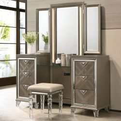 ART DECO INSPO CHAMPAGNE FINISH TRI FOLD MIRROR LED LIGHT MAKE-UP VANITY DESK TABLE CABINET - TOCADOR ESPEJO