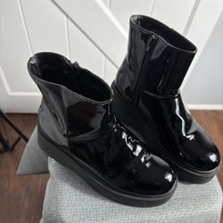 Rouge By Helium Platform Wedge Chunky Black Patent Leather Ankle Boot Size 8