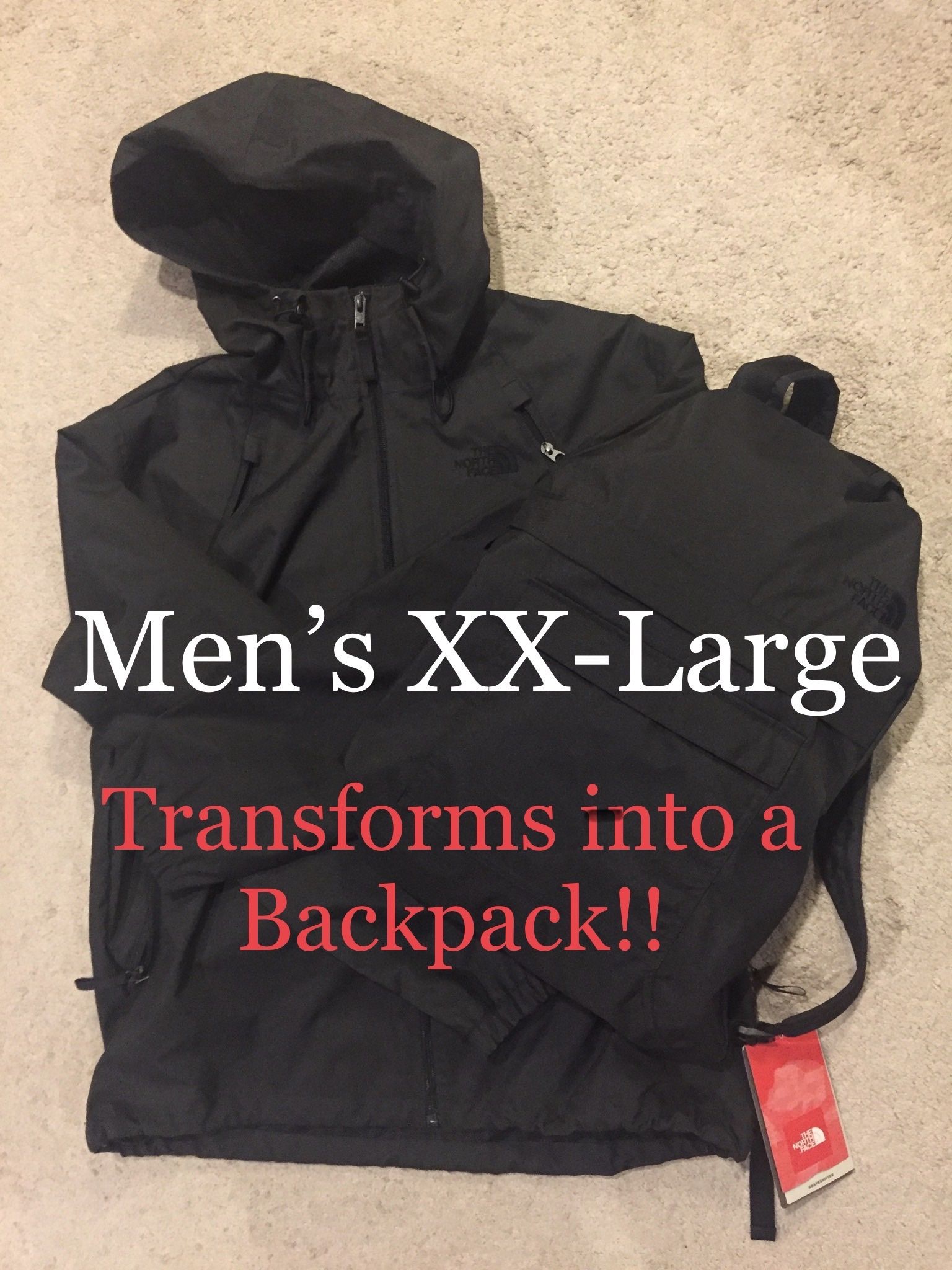 NORTH FACE /“TRANSFORMER JACKET - BACKPACK” WaterProof Coat w/ Hood / Men's XX-Large 2XL XXL / Retails $200+Tax / Brand New w/ Tags!! / Black