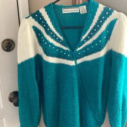 Elegant Teal Blue Sweater W/ Pearl Accents 