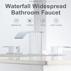 Chrome 8 Inch Waterfall Bathroom Faucet - 3 Hole Widespread Bathroom Sink Faucet, 2-Handles Bathroom Faucets for Sink, Modern Vanity Faucets with Supp