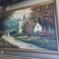 Vintage Oil Painting on Canvas Depicting a Peaceful Country Homestead Scene 