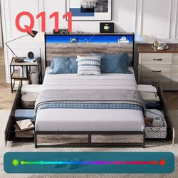 [Q111] Queen Size Platform Bed Frame with Ergonomic Headboard and 4 Drawers, Storage Bed with Lights, Outlets & USB, Light Grey