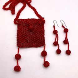 Vintage Red Beaded Pouch Necklace With Matching Earrings