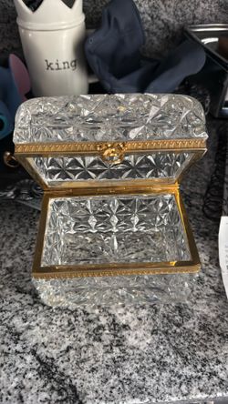 Antique French crystal jewelry box, Charles, X, hand, cut glass, coffin, casket, and guilt bronze hardware