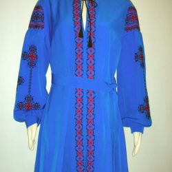 Ukrainian Vyshyvanka Embroidered Dress, Royal Blue, M-L 