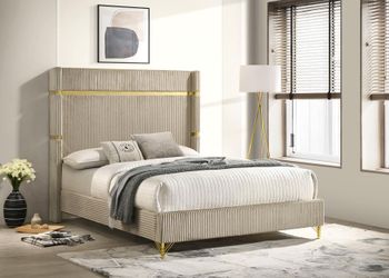 Cream Ribbed Upholstered Bed Frame with Gold Accents