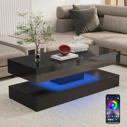 ChVans 47.3" High Glossy LED Coffee Table with 2 Sliding Storage Drawers, Living Room Coffee Table w/APP Control LED Lights, Modern Double-Layer Cente