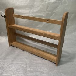 Vtg Rustic Farmhouse 2 Tier Wood Wall Display Shelf With Hooks 15”Kitchen Rack