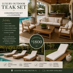 JUST REFINISHED - TEAK outdoor COMPLETE- conversation set ( sofa, 2 chairs, table) and 3 loungers)