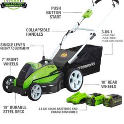 Greenworks 40V 19" Brushless Walk-Behind Lawn Mower with 4.0 Ah & 2.0 Ah Batteries & Charger