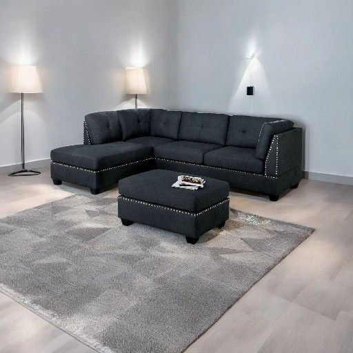 *Like New* Small Black Sectional Couch Sofa With Ottoman